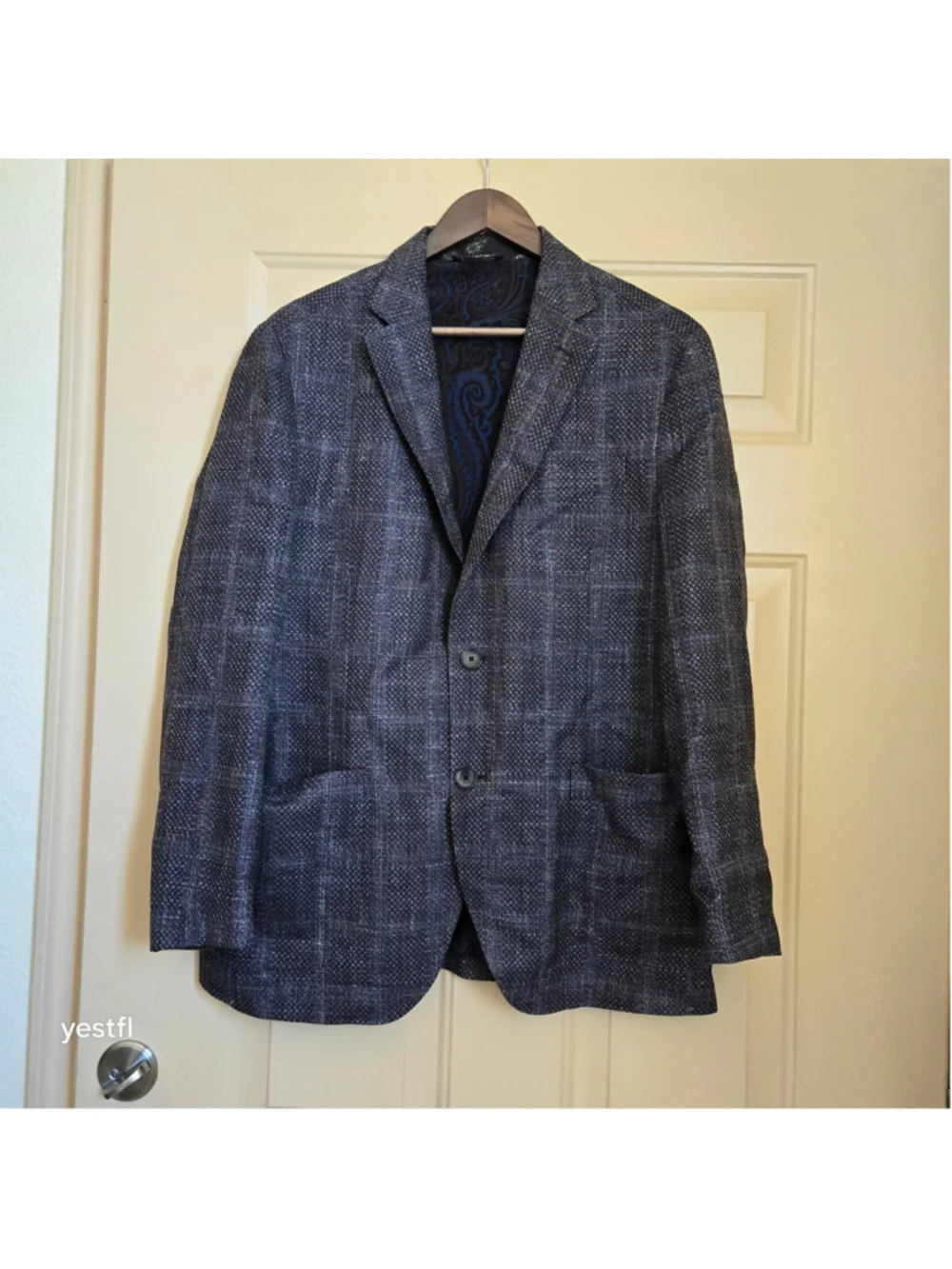 Etro Sport Coat Blazer, Grey and Blue, Paisley Lining 54 44R wool linen silk